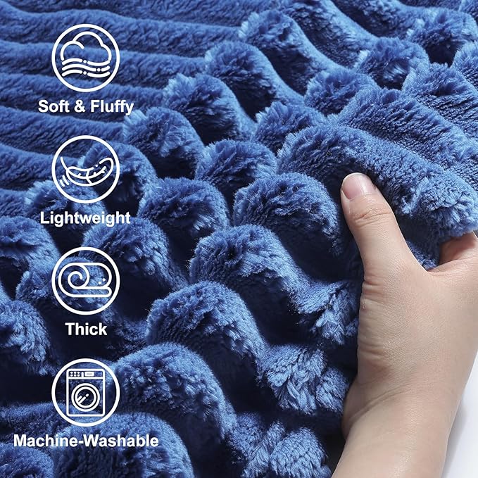 decorUhome Soft Fleece Navy Blue Blanket Queen Size for Bed, Cozy Fluffy Plush Flannel Large Striped Throws for Couch Sofa, Lightweight Decorative Fuzzy Blanket for Woman, 90x90 Inches