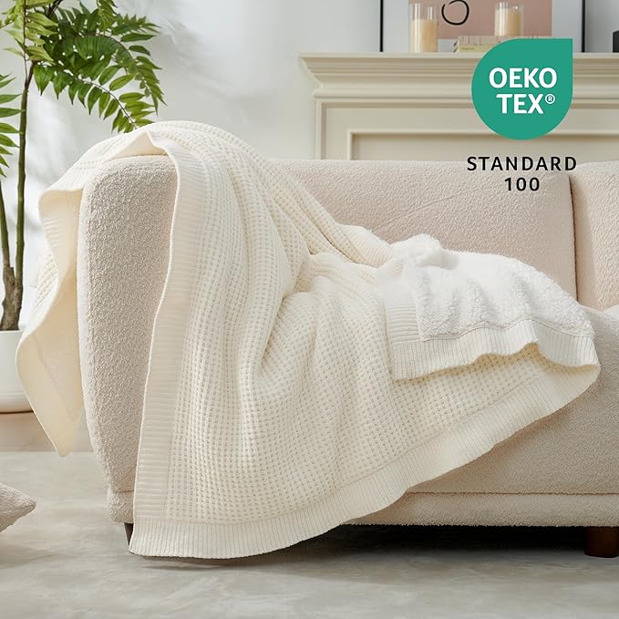 Amélie Home Reversible Waffle Weave Throw Blanket, Chenille Knit with Warm Sherpa, Soft Cozy Blanket for Couch, 50"x60", Ivory