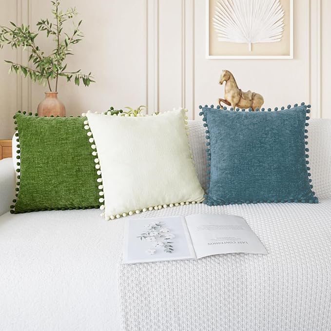 CaliTime Throw Pillow Covers Decorative 20 X 12 Inches Pack of 2 Cozy Solid Dyed Soft Chenille Cushion Cases with Pom Poms for Couch Sofa Bed Living Room Home Cream
