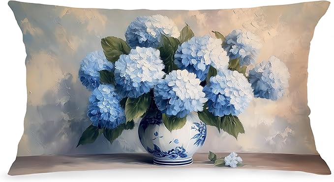 Blue Chinoiserie Hydrangea Floral Lumbar Pillow Cover 12x20 Double-Sided, Grandmillennial Decor, Vintage Farmhouse Spring Flower Decorative Throw Pillow Cover for Living Room Home Bedroom