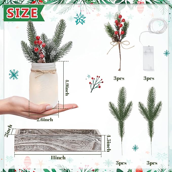 Winter Mason Jar Centerpiece for Table with LED Lights & Artificial Plants, Set of 3 Farmhouse Decorative Mason Jars for Christmas Home Decor, Winter Kitchen Dining Table Centerpiece