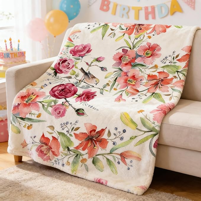 yuboo Spring Floral Throw Blanket, Pink Watercolor Flower Gifts for Women, Mom, Elders and Girls, Floral Blanket, Soft and Cozy Blanket for Spring Decor 50 x 60In