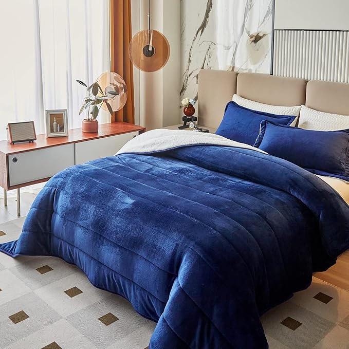 3-Layer Luxury Flannel Fleece Thick Bed Blanket Twin Size, Soft Plush Velvet Sherpa Blanket with 2 Pillow Shams Heavy Warm for Winter, Breathable n Washable, Navy Blue