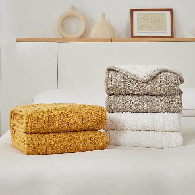 Longhui bedding Acrylic Cable Knit Sherpa Throw Blanket - Thick, Soft, Big, Cozy Light Grey Knitted Fleece Blankets for Couch, Sofa, Bed - Large 60 x 80 Inches Gray Coverlet All Season