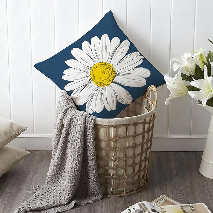 Hexagram Spring Summer Pillow Covers 16x16 Set of 4, Outdoor Floral Daisy Decorative Navy Blue Throw Pillow Covers, You are My Sunshine Farmhouse Cushion Case for Couch Sofa Indoor Decor(No Insert)