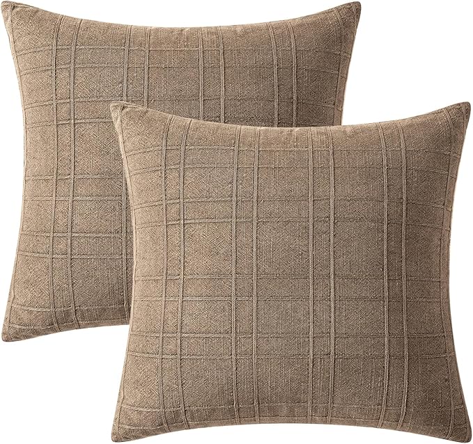 MIULEE Decorative Linen Check Euro Shams Throw Pillow Covers Neutral Farmhouse Vintage Pillow Covers 26x26 Set of 2 Boho Modern Winter Home Decor for Sofa Couch Bedroom Cushion Light Brown