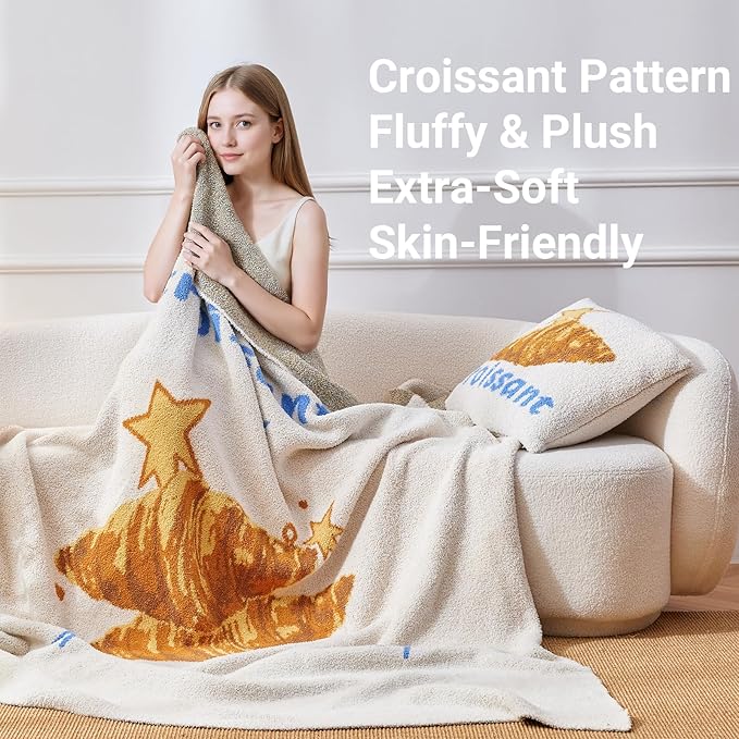 YIRUIO Croissant Pattern Plush Blanket & Pillowcase Set,Ultra Soft Cozy Warm Thick Fuzzy Fluffy 50x60 Throw Beige with 18x18 Pillow Cover for Bed Sofa Couch Home Decor Gift