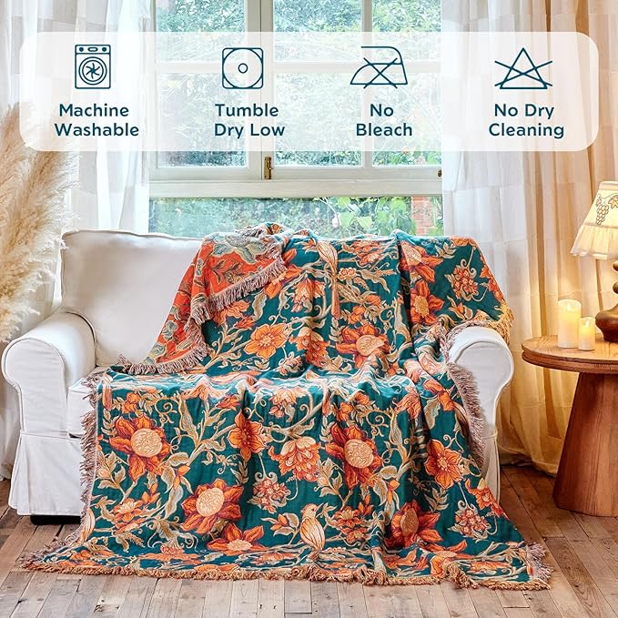 Boho Throw Blanket 50"x60" 100% Cotton Couch Blanket, Breathable Lightweight Spring Decorative Reversible Blankets with Fringe for Sofa Chair Bed Vintage Decor