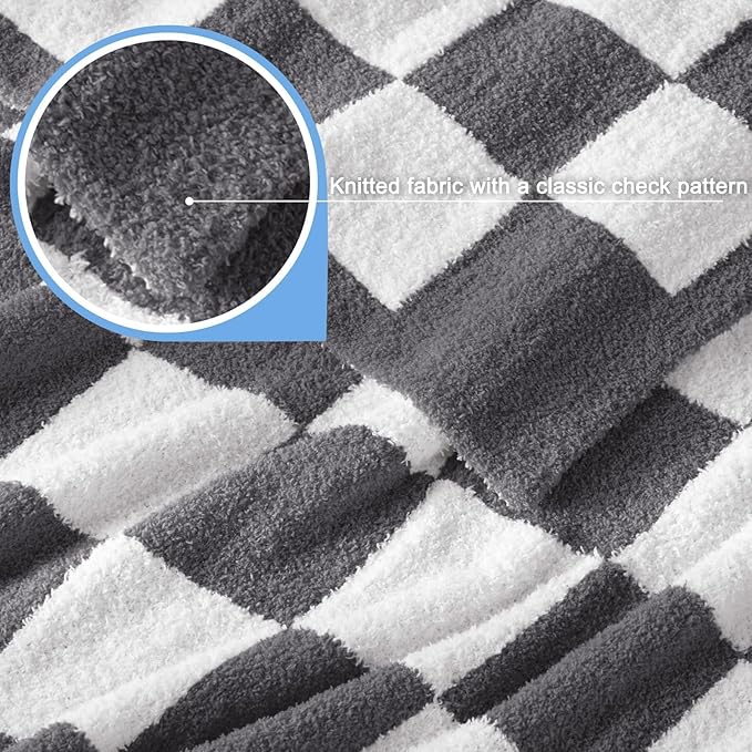 Whale Flotilla Checkered Knit Blanket Queen Size, Ultra Soft Warm Reversible Cozy Decorative Blankets for Couch Sofa and Bed, 90x90 Inch, Grey
