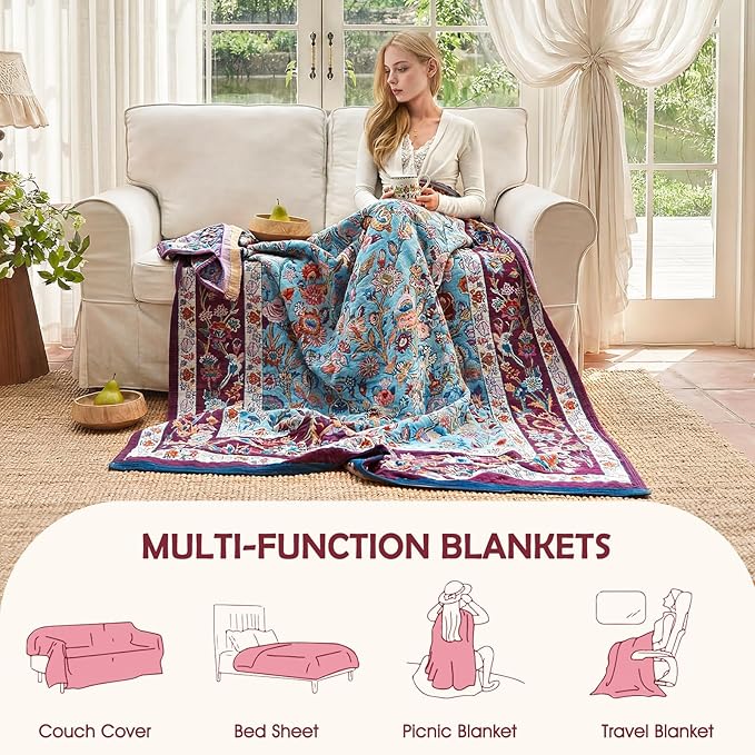 Boho Throw Blanket - 100% Cotton Ultra Soft Muslin Blanket, 60"x80" Lightweight Framhouse Bedding Spring Blanket for Bed, All Season Blue and Purple Floral Bohemian Bedroom Home Decor Quilt