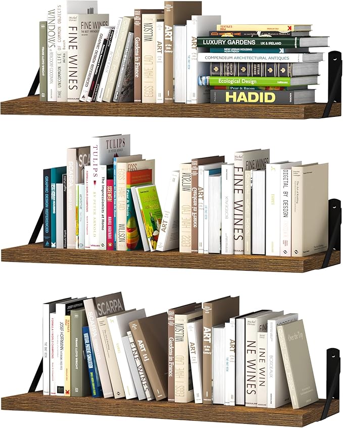 upsimples 23.6 Inches Floating Book Shelves for Wall, Floating Wood Shelves for Living Room, Laundry Room, Bedroom, Office Organizer and Storage, Brown