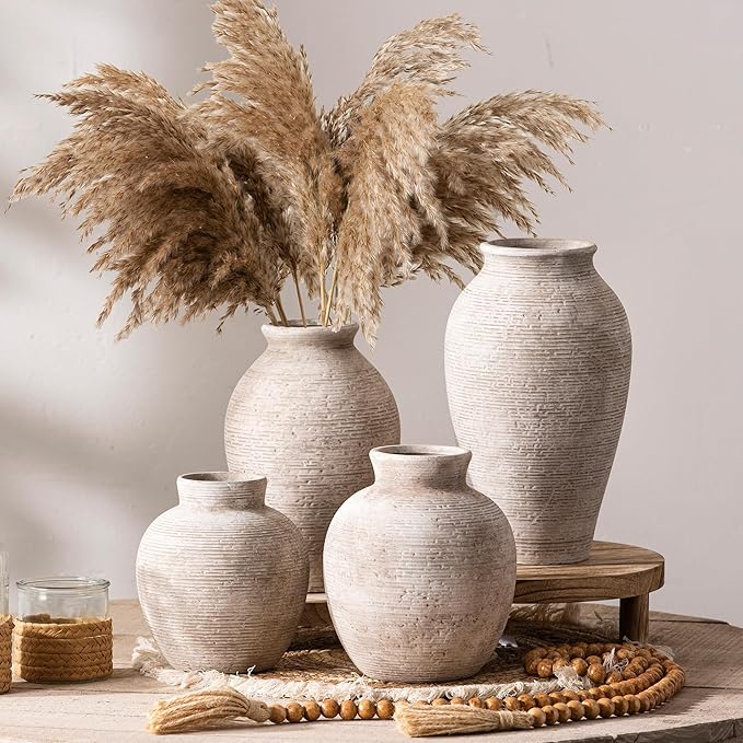 Vanselia Ceramic Flower Vase Home Decor - Small Farmhouse Table Vases Rustic Vintage Living Room Kitchen Bedroom Decorations for House Book Shelf Office Coffee Desk Dining Fireplace (6" Retro)