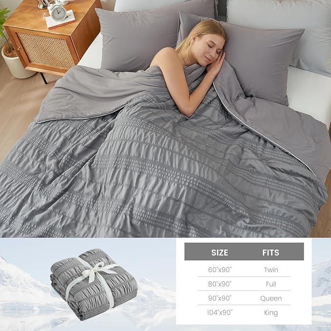 Cozy Bliss Seersucker Cooling Comforter Twin Size, Q-Max 0.45 Reversible Lightweight Cooling Throw Blanket, Breathable Silk Smooth Summer Bedding Quilt for Hot Sleepers Night Sweats Dark Grey