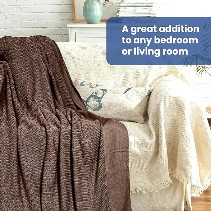 Linteum Textile Supply Leno Weave Chocolate Blanket, Queen 100% Cotton, Lightweight, Warm, Fluffy, Premium and Durable Soft & Cozy Bed Blanket for Home, Couch, Sofa & Dorm, All Season Throw [90x90]