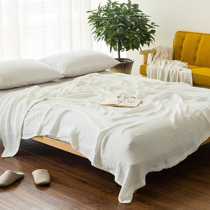 EMME Cotton Muslin Queen Blanket Bed Layering Bedspread Coverlet Breathable Gauze Soft Lightweight Adults (White,90"x90")