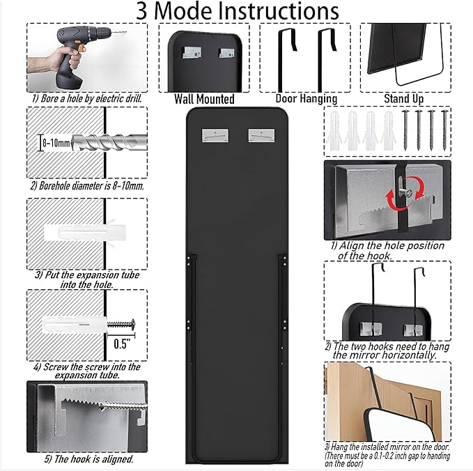 Rectangle 57x16 Mirror Full Length Wall Mounted Hanging or Against Wall Metal Frame Dressing Make-up Mirrors for Entryway Bedroom Bathroom Living Room 57 16 inch Black