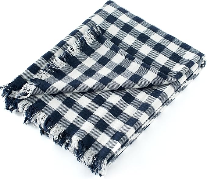 100% Cotton Throw Blanket Plaid Soft Lightweight Cozy Farmhouse Tassels Summer Thin Breathable Throws for Couch Sofa Bed (60" × 80" Navy Blue)