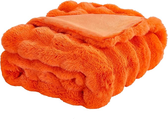 JONIYEAR Solid Fall Oversized Fuzzy Bubble Faux Rabbit Fur Throw Blanket for Bed 60" x 70", Decorative Puffy Warm Fuzzy Blanket for Winter, Thick Shaggy Cozy Furry Blankets for Adult,Twin Size, Orange