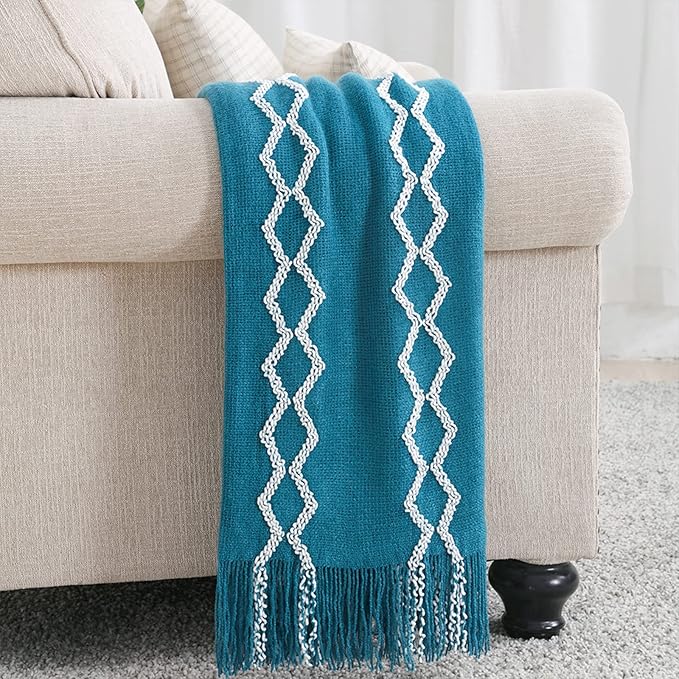 BOURINA Fluffy Chenille Knitted Fringe Throw Blanket Lightweight Soft Cozy for Bed Sofa Chair Throw Blankets Teal 60" x 80"