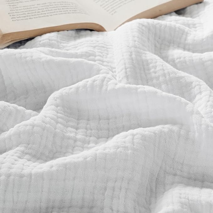 Bedsure 100% Cotton Muslin Throw Blanket Large 50x70 Inches - 4-Layer Breathable and Lightweight Thin Soft Summer Gauze Muslin Blankets for Adults, White, Boho Cotton Throw for Couch