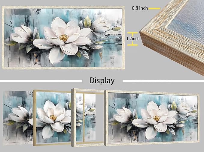 Ardemy Flower Teal Wall Art Framed Canvas for Living Room White Gold Floral Magnolia Canvas Painting, Bedroom Picture Textured Artwork Tranquil Home Office Wall Decor, Extra Large Black Wood 58"x29"