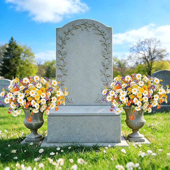12 Bundles Artificial Daisy Flowers for Outdoors Summer Decor, UV Resistant No Fade Fake Flowers Faux Plastic Greenery Shrub Plants for Hanging Planter Home Gardens Porch Cemetery Décor(Mix 4 Colors)