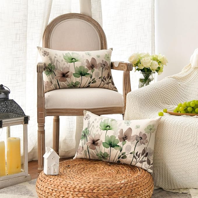 AVOIN colorlife Poppy Flowers Chinoiserie Throw Pillow Covers, 12 x 20 Inch Sage Green Brown Seasonal Leaves Cushion Case Decoration for Sofa Couch Set of 2