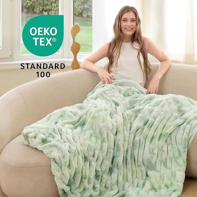 Ultra Soft Faux Rabbit Fur Throw Blanket, Cozy Fuzzy Blanket for Couch Bed, Plush Warm Decor Gifts, Luxury Thick Fluffy Blanket for Women Men,50x60 inches, Tie-Dyed Sage Green