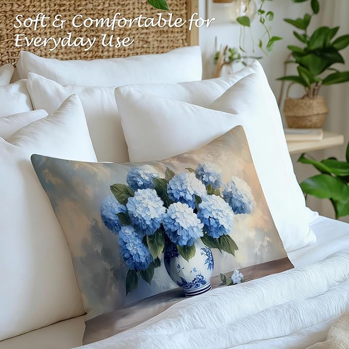 Blue Chinoiserie Hydrangea Floral Lumbar Pillow Cover 12x20 Double-Sided, Grandmillennial Decor, Vintage Farmhouse Spring Flower Decorative Throw Pillow Cover for Living Room Home Bedroom