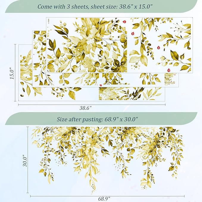Yellow Plants Leaves Wall Decals Peel and Stick, Large Floral Flowers Vinyl Wall Stickers, Removable Vine Home Decor Art for Bedroom Living Room Classroom Office
