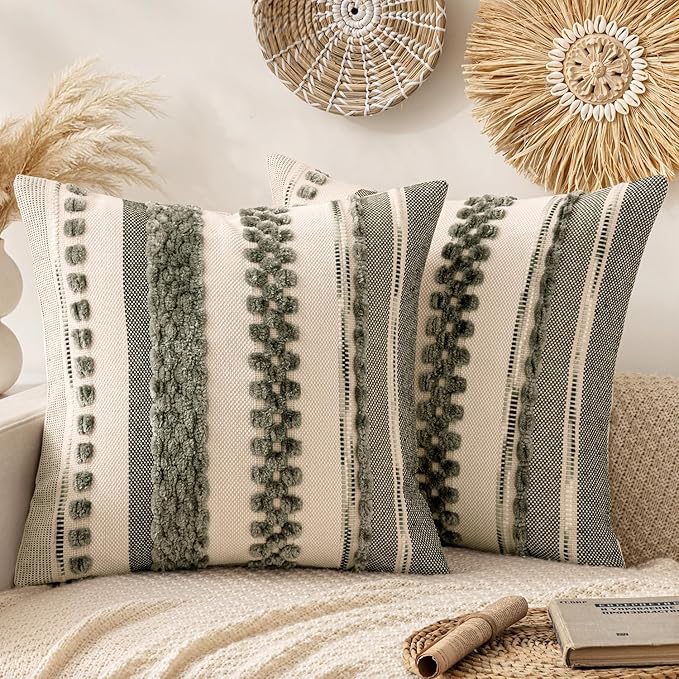 ANRODUO Pack of 2 Boho Decorative Throw Pillow Covers 20x20 Farmhouse Cushion Case Striped Chenille Pillow Cases Square Pillow Covers Accent Neutral Pillowcase for Sofa Couch Bed, Gray Stripe 2