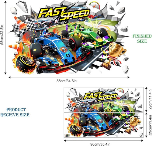 3D Racing Car Wall Decals - Speeding Race Car Break Through Wall Stickers for Boys Kids Toddles Teens Bedroom Nursery Playroom Classroom Decor