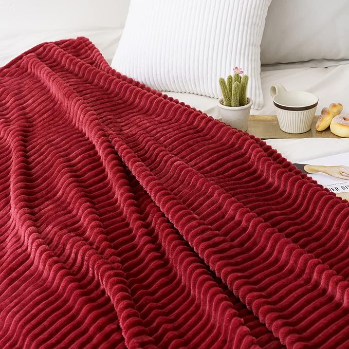 MIULEE Fleece Throw Blanket for Couch 300GSM Super Soft Lightweight Plush Striped, Burgundy Red Warm Cozy Breathable Ribbed Blanket for Bed/Sofa, Throw Size 50"x60"