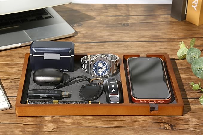 Shinpuru Wooden Valet Tray with Leather Inlay - Nightstand & Desk Organizer - EDC Essentials Catchall Tray for Keys, Phone, Wallet, Watch, Earbuds - Stylish Storage (Wood-Phone)