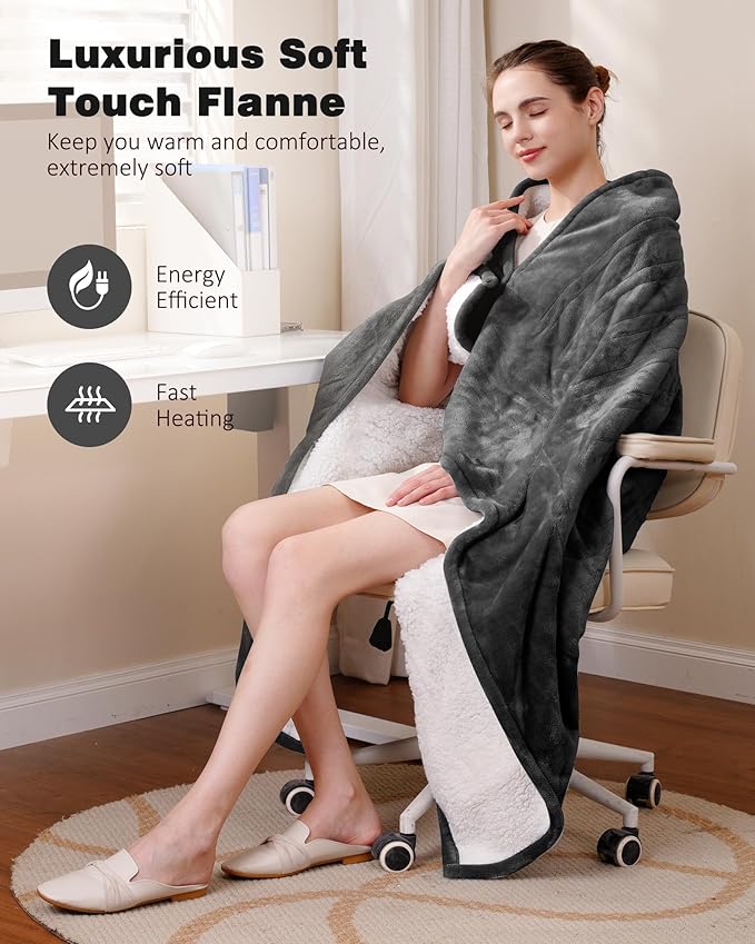 Heated Blanket Throw w/ 2 Wearable Buttons, Soft Flannel & Warm Sherpa Electric Blanket Fast Heating with 9 Heat Levels, 10 Time Settings, Over-Heat Protection, ETL Certified, 50"x60", Grey