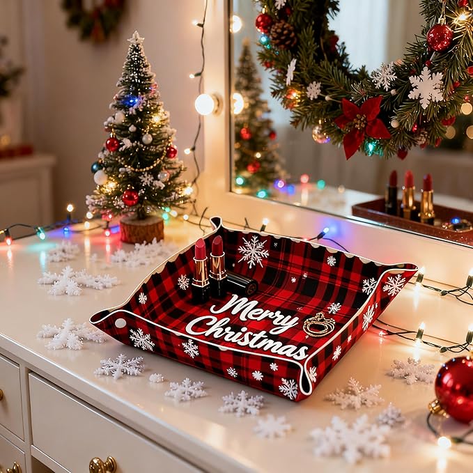 Leather Valet Tray for Women Men Snowflakes Plaid Catchall Trays Leather Storage Organizer Bedside Vanity Trays Nightstand Tray Holder for Keys, Watch, Jewelry, Wallet
