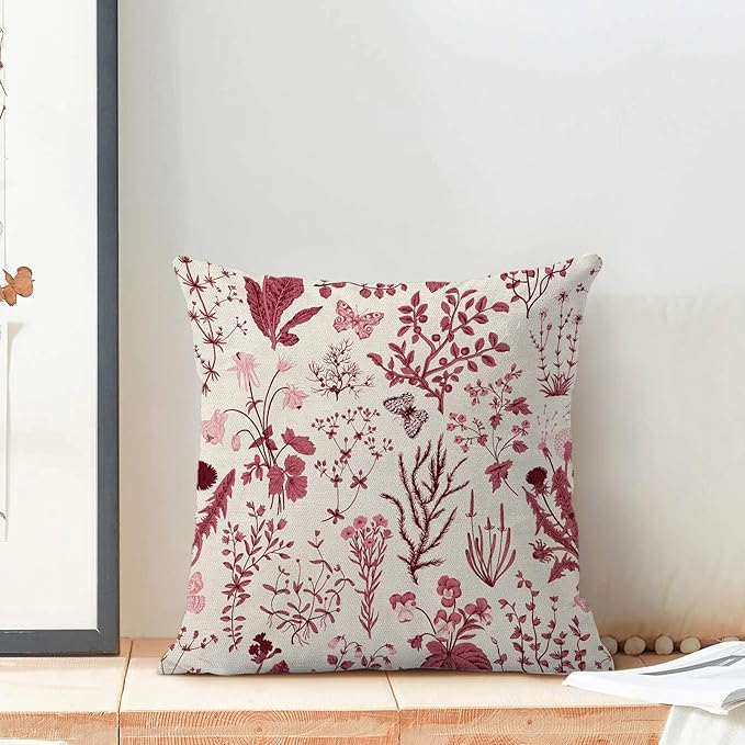 Christmas Pillow Covers 20x20 Inch Set of 2,Burgundy Red Wild Flower Plant Throw Pillows Case,Seasonal Floral Outdoor Decorative Square Linen Farmhouse Decor Cushion Covers for Home Sofa bed Couch