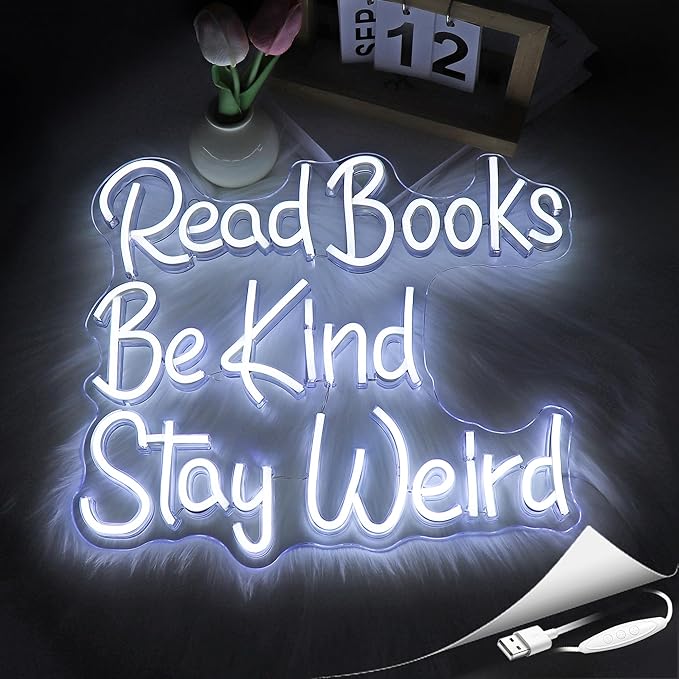 Neon Sign, Read Books Be Kind Stay Weird Neon Signs for Wall Decor White LED Neon Light Up Signs Home Decor for Study Room Bookstore Bedroom Business Club Decoration USB Operated