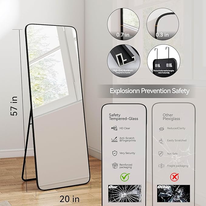57x20 Door Hanging Full Length Mirror, Floor Stand (Height 5.7ft just Body in1.3ft) Wall Mounted Metal Frame Rectangle Dressing Mirrors for Bedroom Living Room 57 inch Black