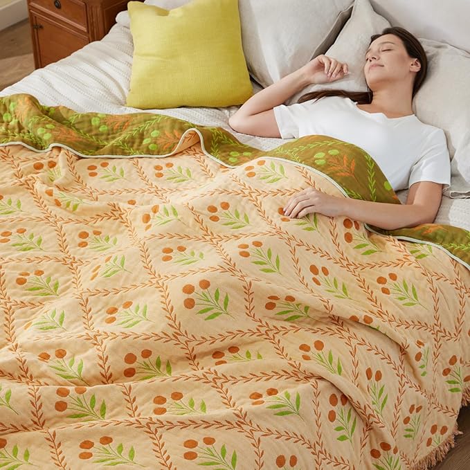 100% Cotton Boho Throw Blanket for Home Decor – Classic Farmhouse Quilt Bedding, Muslin Blankets for Adults, Vintage Woven Decorative Blanket for Couch, Bed Layering Use, Vintage Floral, 90"x90"