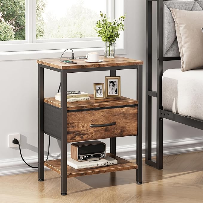 DUMOS Bedside Table with Charging Station and Adjustable Fabric Drawer Compact Nightstand 3-Tier Storage Organizer End Table for Bedroom,Brown