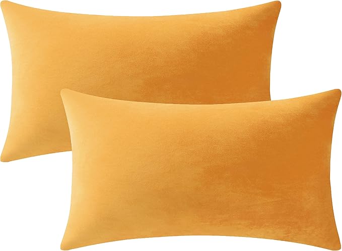 DEZENE Lumbar Pillow Covers 12x20 Mustard Yellow: Pack of 2 Cozy Soft Velvet Rectangular Modern Luxury Decorative Throw Pillow Cases for Sofa Couch Living Room Bed Home Decor