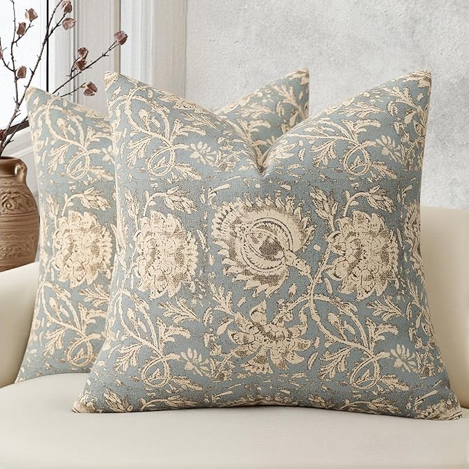 Vintage Floral Print Throw Pillow Covers 18x18 Set of 2 Neutral Modern Farmhouse Pillowcases Accent Decorative Cushion Covers Boho Home Decor for Couch Sofa Chair Bed Living Room, Sky Blue