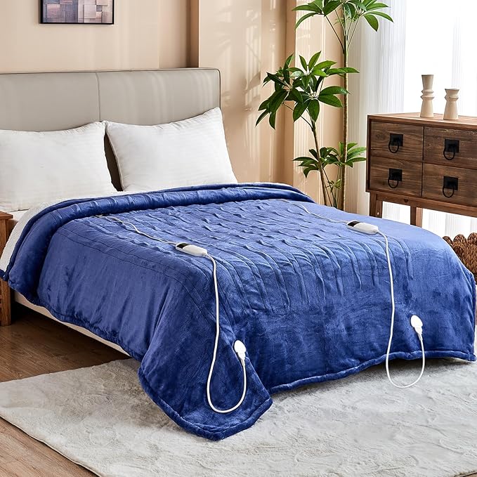 Heated Blanket Electric Queen Size, Soft Sherpa Flannel Heating Blanket Throw with Overheating Protection, 8 Hours Auto Off 10 Fast Heating Levels, Heat Blanket for Home & Office Machine Washable