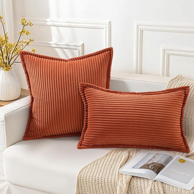 Mecatny Corduroy Fall Throw Pillow Covers 18x18 Set of 2, Neutral Decorative Soft Burnt Orange Boho Couch Pillow Covers with Broadside for Sofa Living Room, Rust