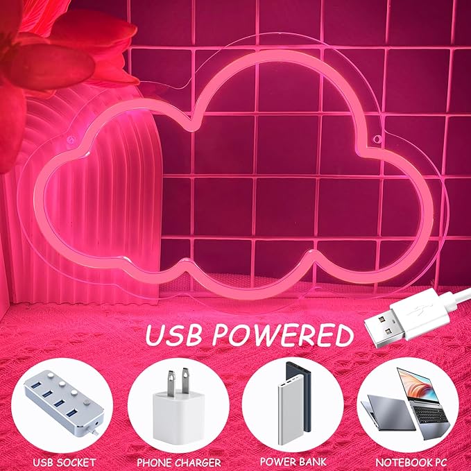 Cloud Neon Sign Cute White Clouds LED Light Sign for Wall,Dimmable USB Floating Clouds Light Up Sign for Living Room Kid Bedroom Nursery Birthday Christmas Wedding Party decor (Pink)