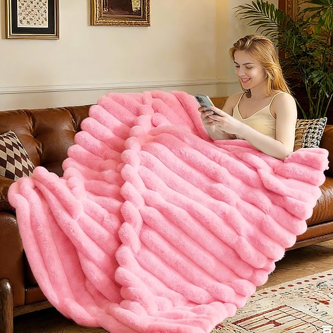 Faux Fur Throw Blanket for Couch, 850GSM Cozy Soft Plush Thick Striped Luxury Blanket for Sofa Living Room Bedroom,50 * 60 Inches, Pink