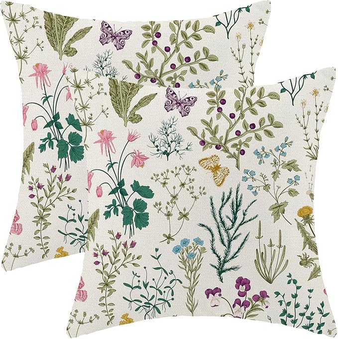 AEIOAE Spring Pillow Covers 16x16 Inch Set of 2,Sage Green Teal Wild Flower Plant Throw Pillows Case,Seasonal Floral Outdoor Decorative Linen Farmhouse Decor Cushion Covers for Home Sofa Bed Couch