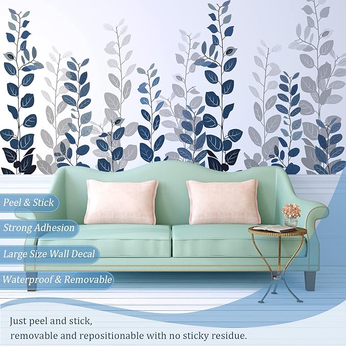 Blue Hanging String of Eucalyptus Wall Decals Peel and Stick, Large Plants Vinyl Wall Stickers, Removable Vine Home Decor Art for Bedroom Living Room Classroom Office