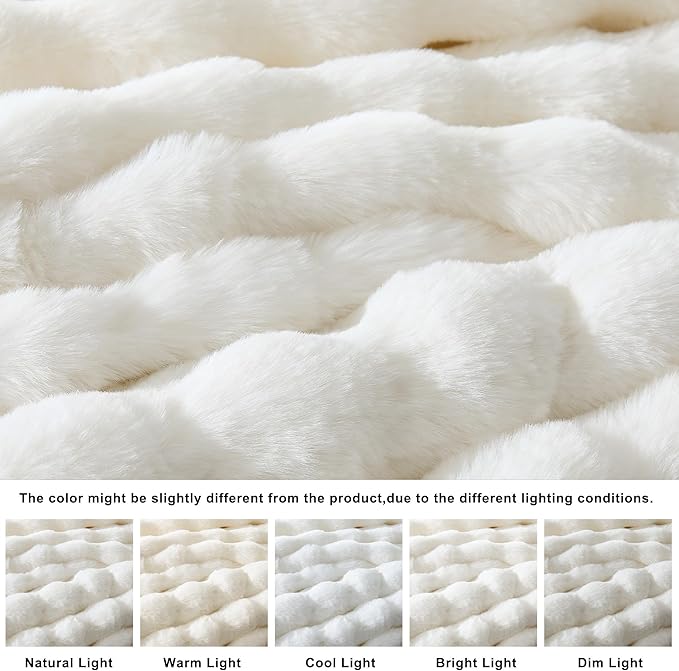 WDCOZY Luxury Ivory Bubble Throw Blanket, Cream White Faux Fur Mink Plush Throw for Couch, Sofa and Bed, Soft Fluffy Fuzzy Furry Cozy Blanket, Thick and Warm, 60x80 inches